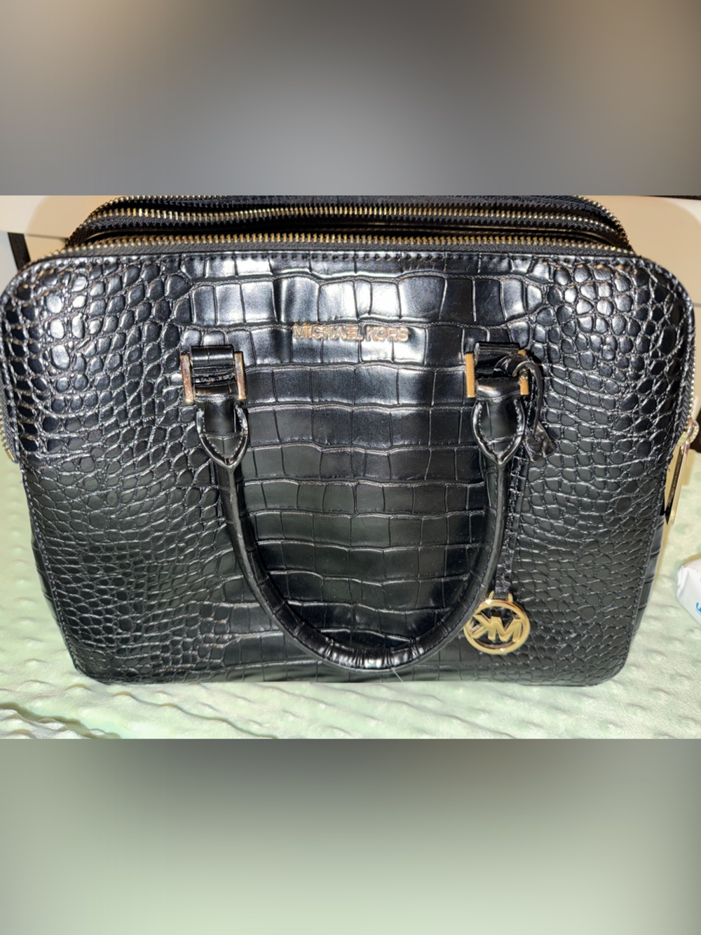 Michael Kors Black Croc-Embossed Double Zip Satchel with Gold Hardware